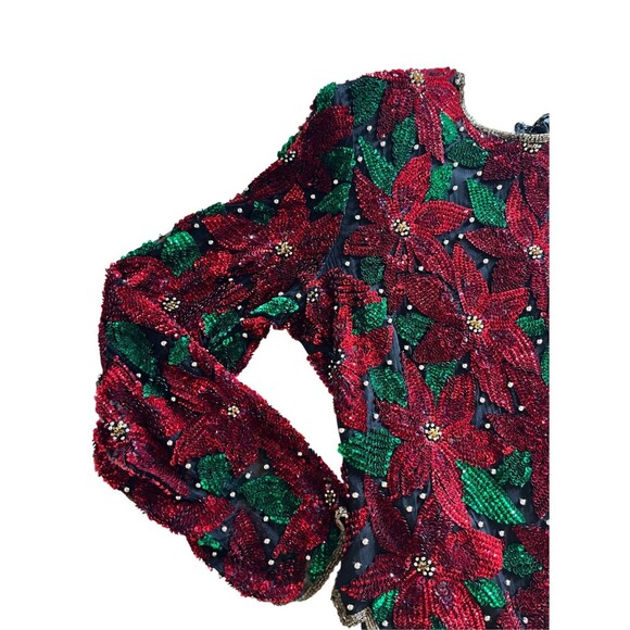 VINTAGE 80s LAWRENCE KAZAR POINTSETTIA BEADED SILK TOP SEQUIN HOLIDAY BLOUSE - Picture 5 of 8